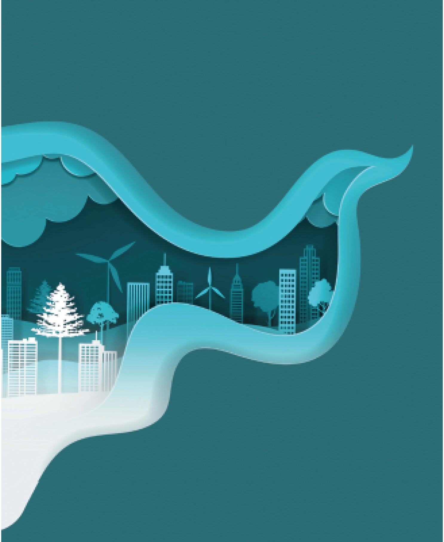Ilustração de uma onda com temas do meio ambiente, como árvores e prédios
