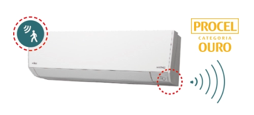 Evaporadora de ar-condicionado fujitsu na cor branca com ilustração do sendor de presença