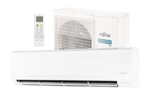 Conjunto de ar-condicionado Fujitsu com Evaporadora, condensadora e controle cor branca