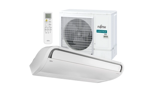 Conjunto de ar-condicionado Fujitsu com Evaporadora, condensadora e controle cor branca